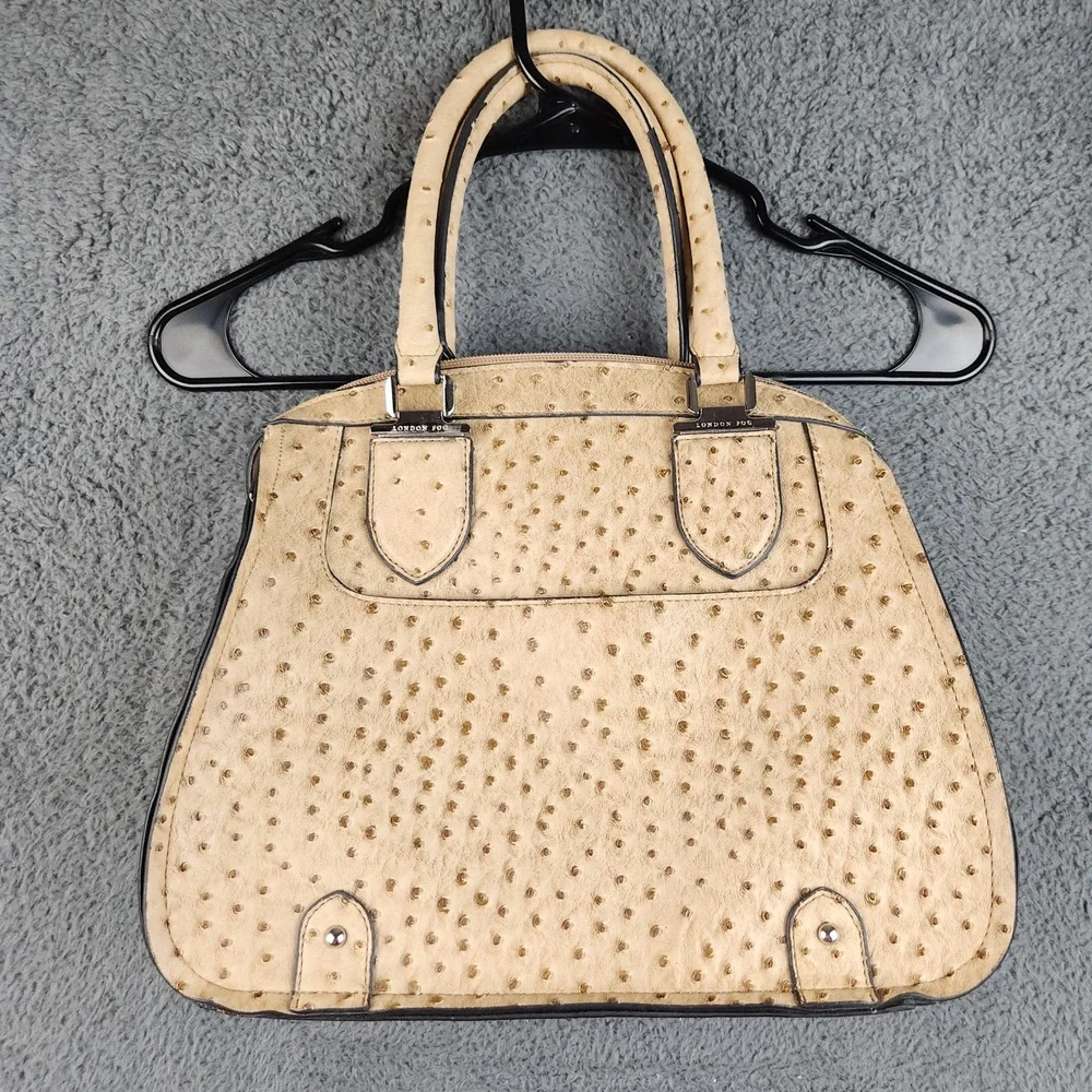 Ostrich Embossed Ivory Brown Purse Satchel Handbag w/ Shoulder Strap London Fog‎